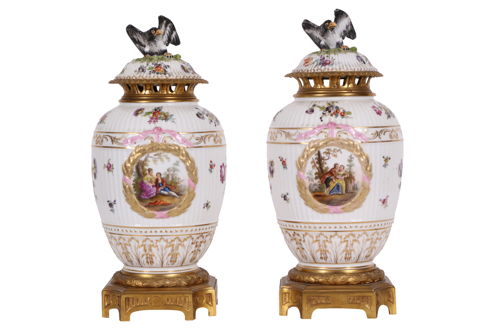 Pair Of Antique Lidded Porcelain Vases With Gilt Bronze Mounts (KPM ATTRIBUTED)